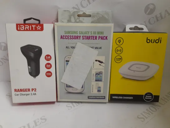 BOX OF APPROX 20 ITEMS TO INCLUDE IBRIT RANGER P2 CAR CHARGER, BUDI WIRELESS CHARGERN AND SAMSUNG ACCESSORIES STARTER PACK