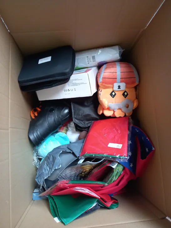 LARGE BOX OF ASSORTED TOYS AND GAMES TO INCLUDE TEDDIES, FANCY DRESS COSTUMES AND AMERICAN FOOTBALL