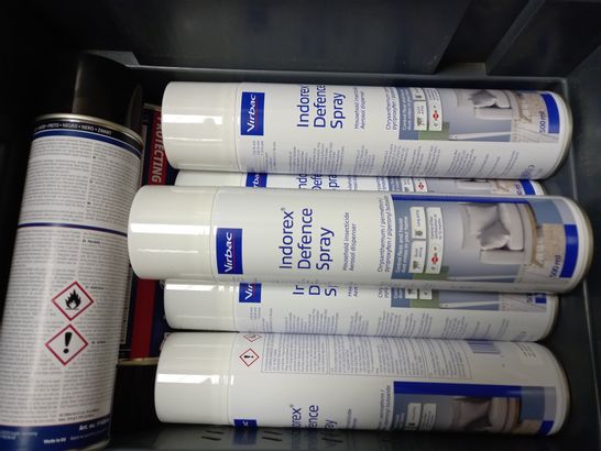 BOX OF APPROX 5 ASSORTED AEROSOLS TO INCLUDE VIRBAC INDOREX DEFENCE SPRAY AND DINITROL CORROSION PROTECTION SPRAY