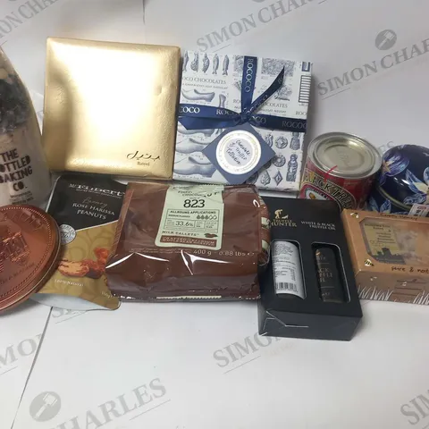 APPROXIMATELY 14 ASSORTED FOOD BASED PRODUCTS TO INCLUDE; COMB HONEY PURE AND NATURAL, ROCOCO, TRUFFLE HUNTER, THE BOTTLED BAKING CO, MR FILBERTS AND LYLE'S BLACK TREACLE