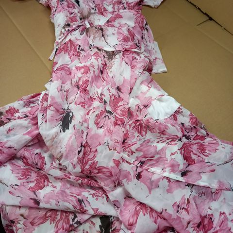 BOOHOO TALL FLORAL PINK FLORAL SLIT FRONT TIRED MAXI DRESS - SIZE 14