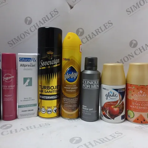 BOX OF APPROX 10 ASSORTED AEROSOLS TO INCLUDE CLINIQUE SHAVE GEL, GLADE AUTOMATIC SPRAY, PLEDGE WOOD POLISH, ETC 