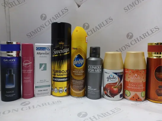 BOX OF APPROX 10 ASSORTED AEROSOLS TO INCLUDE CLINIQUE SHAVE GEL, GLADE AUTOMATIC SPRAY, PLEDGE WOOD POLISH, ETC 