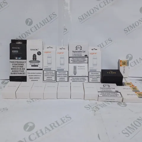 LOT TO CONTAIN APPROX. 20 X ASSORTED E-CIGARETTE ACCESSORIES & PARTS. INCLUDES REPLACEMENT ATOMIZER TANKS & COILS ETC. BRANDS INCLUDES SMOK, ASPIRE, ISUB