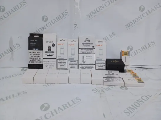 LOT TO CONTAIN APPROX. 20 X ASSORTED E-CIGARETTE ACCESSORIES & PARTS. INCLUDES REPLACEMENT ATOMIZER TANKS & COILS ETC. BRANDS INCLUDES SMOK, ASPIRE, ISUB