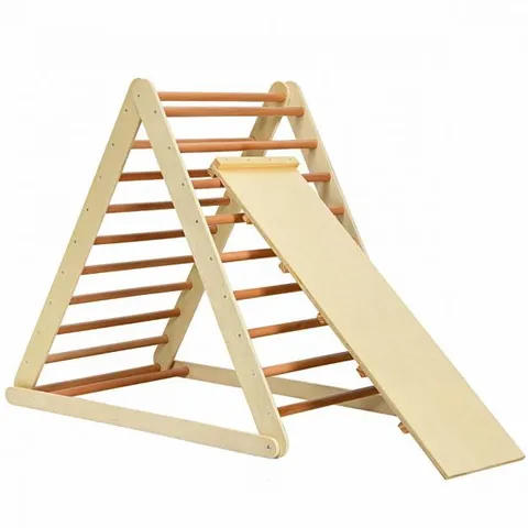 BOXED COSTWAY WOODEN CLIMBING LADDER WITH RAMP FOR KINDERGARTEN OR HOME - NATURAL (1 BOX)