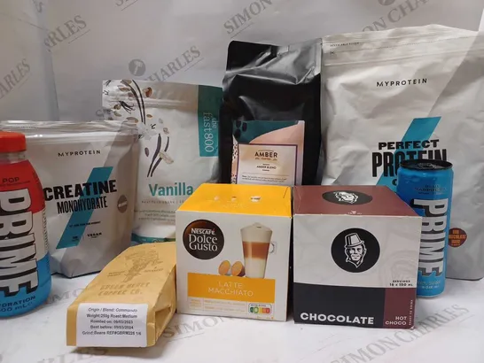 LOT OF APPROX 8 ASSORTED ITEMS TO INCLUDE MYPROTEIN UNFLAVOURED CREATINE, PRIME BLUE RASPBERRY ENERGY DRINK, NESCAFE DOLCE GUSTO LATTE MACCHIATO PODS, ETC 