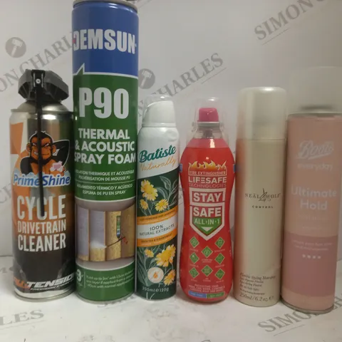 BOX OF APPROX 10 ASSORTED AEROSOLS TO INCLUDE PRIMESHINE CYCLE CLEANER, BATISTE SHAMPOO, BOOTS HAIRSPRAY, ETC 