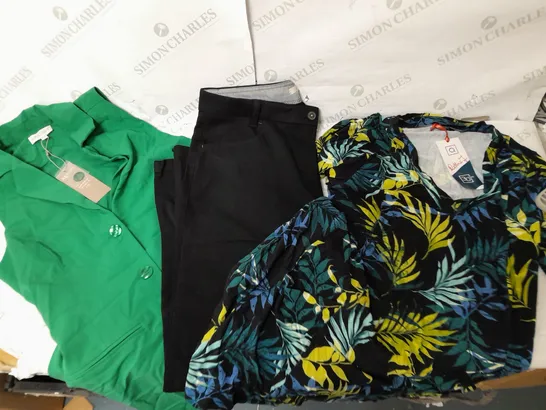 A BOX OF 10 VARIOUS CLOTHING ITEMS TO INCLUDE A GREEN APRICOT DRESS A PAIR OF BLACK TROUSERS AND A FLOWER DESIGN THIN TOP 