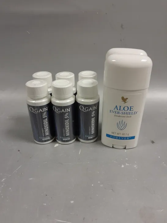 LOT OF APPROX 5 ASSORTED HEALTH AND BEAUTY PRODUCTS TO INLCUDE ALOE EVER SHIELD DEODRANT STICK (92.1G) AND QGAIN 5% MINOXIDIL TOPICAL SOLUTION (60ML).