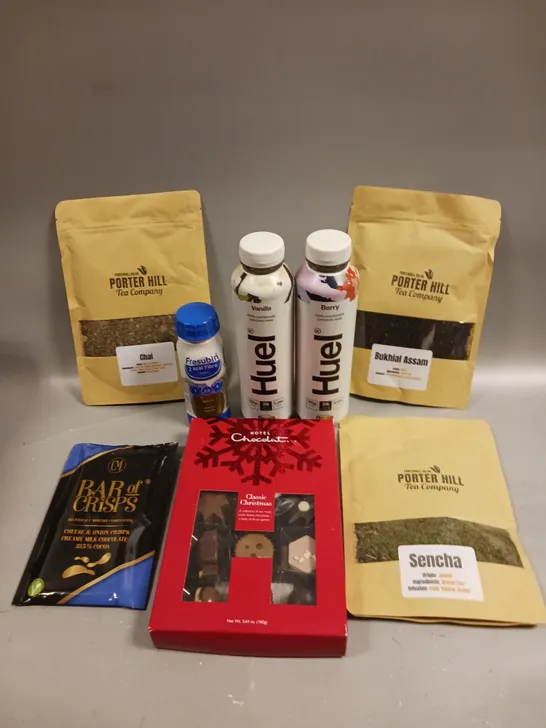 APPROXIMATELY 10 ASSORTED FOOD/DRINK PRODUCTS TO INCLUDE PORTER HILL TEA, HUEL MEAL DRINKS, HOTEL CHOCOLAT CLASSIC CHRISTMAS SELECTION ETC  