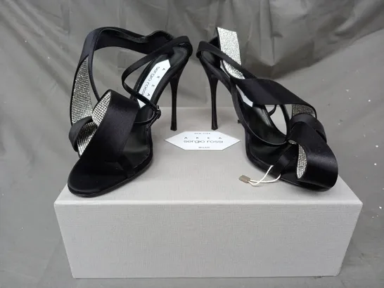 BOXED PAIR OF AREA SERIO ROSSI OPEN TOE HIGH HEELS IN BLACK W. JEWEL EFFECT EU SIZE 39.5