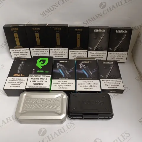 BOX OF APPROXIMATELY 30 E-CIGARETTE PRODUCTS TO INCLUDE CALIBURN G POD SYSTEM, ARGUS X, VOOPOO DRAG X ETC