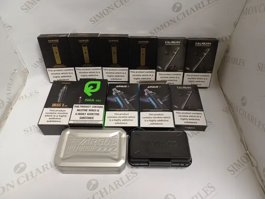 BOX OF APPROXIMATELY 30 E-CIGARETTE PRODUCTS TO INCLUDE CALIBURN G POD SYSTEM, ARGUS X, VOOPOO DRAG X ETC