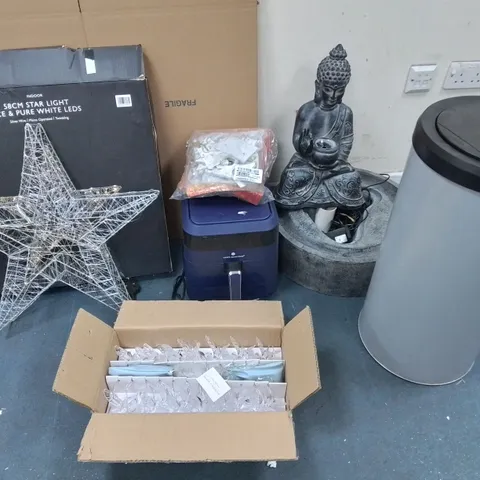 LOT OF 6 ASSORTED HOUSEHOLD ITEMS INDOOR STAR LIGHT, COOKS ESSENTIAL AIR FRYER, BHUDDHA WATER FEATURE AND STRING LIGHTS
