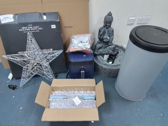 LOT OF 6 ASSORTED HOUSEHOLD ITEMS INDOOR STAR LIGHT, COOKS ESSENTIAL AIR FRYER, BHUDDHA WATER FEATURE AND STRING LIGHTS