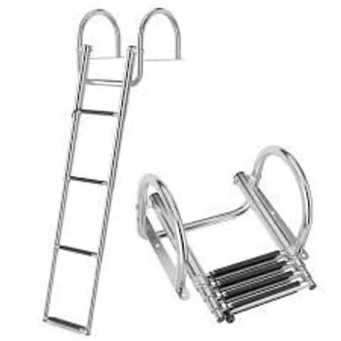 BOXED FOLDING 4-STEP PONTOON BOAT SWIMMING LADDER STAINLESS STEEL W/ CURVED HANDRAILS