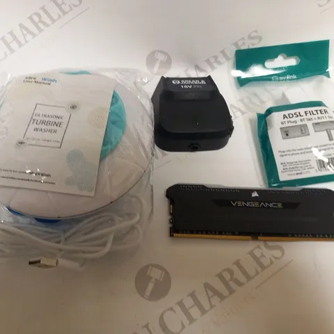 BOX OF ASSORTED PRODUCTS TO INCLUDE; MINI WASH ULTRASONIC TURBINE WASHER, ADSL FILTER, VENGEANCE CMH16GX4M2Z3600C18, SPEAR AND JACKSON BATTERY AND POWER LEADS