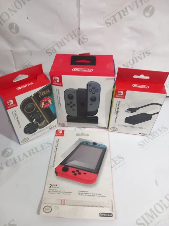 4 ASSORTED NINTENDO SWITCH ACCESSORIES TO INCLUDE; JOY CON CHARGING DOCK, D PAD CONTROLLER, WIRED INTERNET LAN ADAPTER AND ANTI GLARE SCREEN PROTECTION KIT