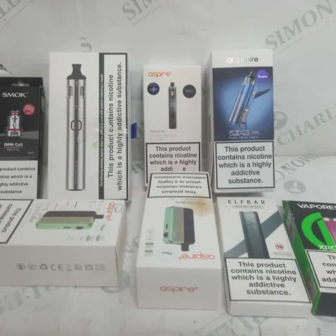 BOX OF APPROXIMATELY 20 ASSORTED E-CIGARATTES TO INCLUDE VAPORESSO, GEEKVAPE, ASPIRE ETC