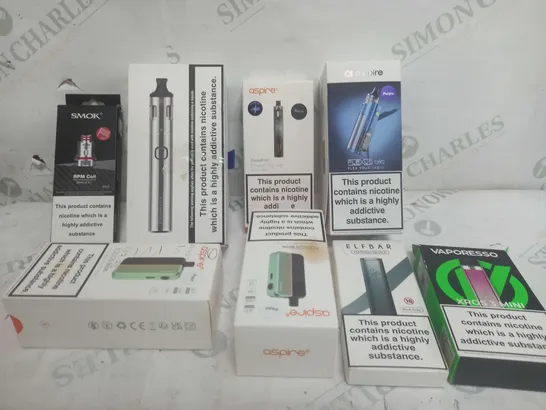 BOX OF APPROXIMATELY 20 ASSORTED E-CIGARATTES TO INCLUDE VAPORESSO, GEEKVAPE, ASPIRE ETC