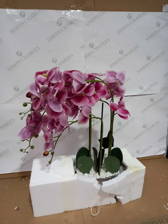 JM BY JULIEN MACDONALD 3 STEM REAL TOUCH FAUX ORCHID IN CERAMIC METALLIC VESSEL