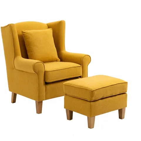 BRAND NEW BOXED ALISON AT HOME MOTCOMB WINGBACK ARMCHAIR WITH STOOL & SCATTER CUSHION - MUSTARD (1 BOX)