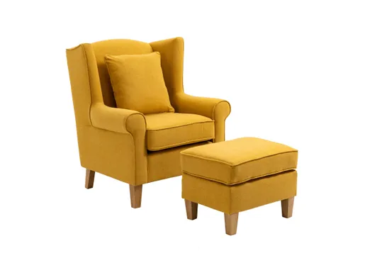 BRAND NEW BOXED ALISON AT HOME MOTCOMB WINGBACK ARMCHAIR WITH STOOL & SCATTER CUSHION - MUSTARD (1 BOX)