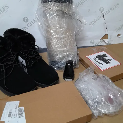 BOX OF APPROX 10 ASSORTED CLOTHING ITEMS TO INCLUDE - BLACK SHOES, COOKING MATS, COAT ETC