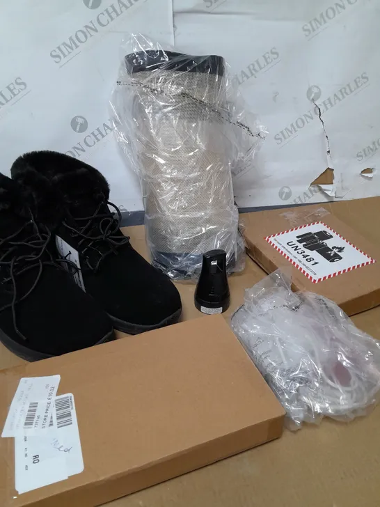 BOX OF APPROX 10 ASSORTED CLOTHING ITEMS TO INCLUDE - BLACK SHOES, COOKING MATS, COAT ETC