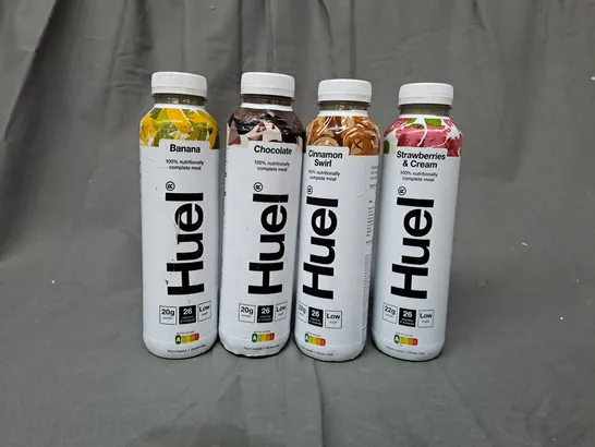 APPROXIMATELY 24 ASSORTED HUEL NUTRITION DRINKS TO INCLUDE BANANA, CHOCOLATE, CINNAMON SWIRL, STRAWBERRIES & CREAM 