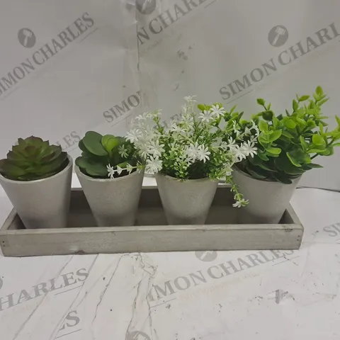SYNTHETIC PLANTS IN CLAY POT WITH WOODEN TRAY