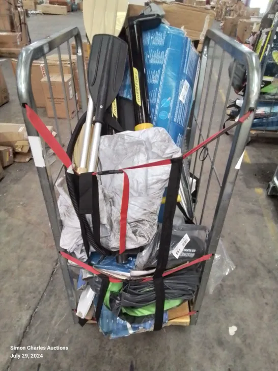 CAGE OF UNTESTED ASSORTED INFLATABLE KAYAKS AND ACCESSORIES 