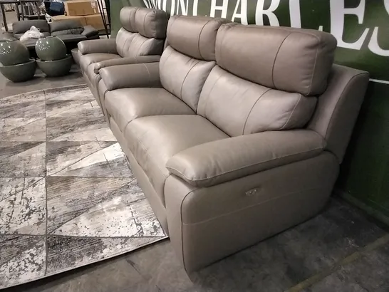 QUALITY ITALIAN GREY LEATHER UPHOLSTERED POWER RECLINING THREE AND TWO SEATER SOFAS 