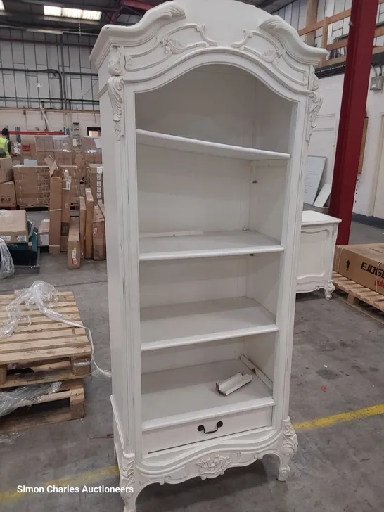 FRENCH STYLE DISTRESSED WHITE OPEN SHELF DISPLAY UNIT  & DOUBLE DOOR CUPBOARD & WHITE BEDSIDE CABINET 