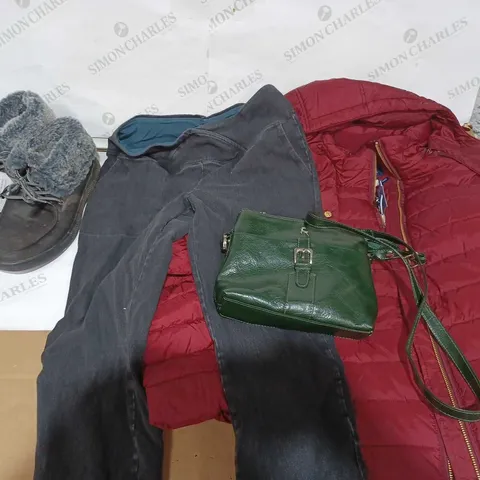 BOX OF APPROX 18 ASSORTED ITEMS TO INCLUDE - BOBS FROM SKETCHER CLOGS - ASHWOOD LEATHER HANDBAG IN GREEN - JOULES COAT IN RED UK ECT