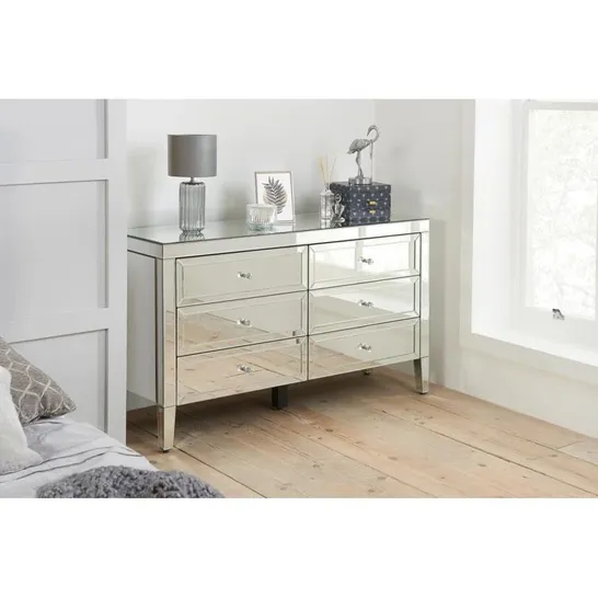 BOXED NORRISTOWN 6 DRAWER 125cm W DRESSER - MIRRORED (1 BOX)