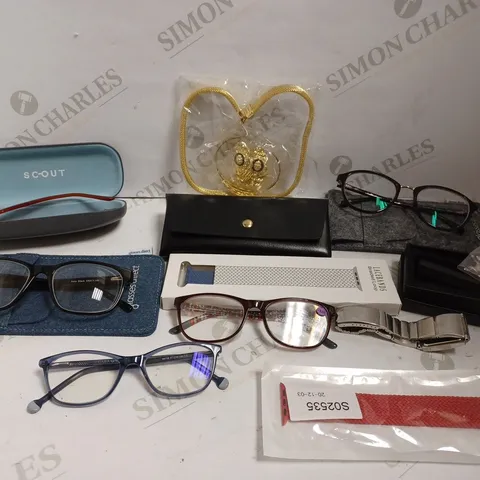 BOX OF APPROX 20 ITEMS INCLUDING ASSORTED WATCH STRAPS, ASSORTED PRESCRIPTION GLASSES AND COSTUME JEWELLERY