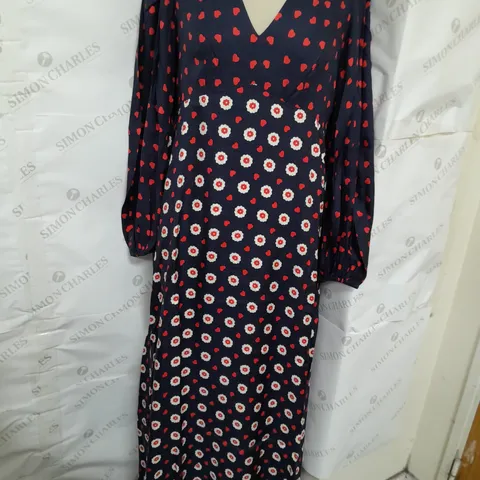 BODEN PLUNGE MAXI DRESS IN BLUE AND RED HEART DESIGN SIZE 10
