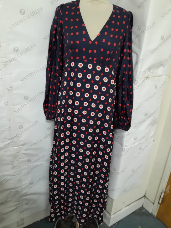 BODEN PLUNGE MAXI DRESS IN BLUE AND RED HEART DESIGN SIZE 10