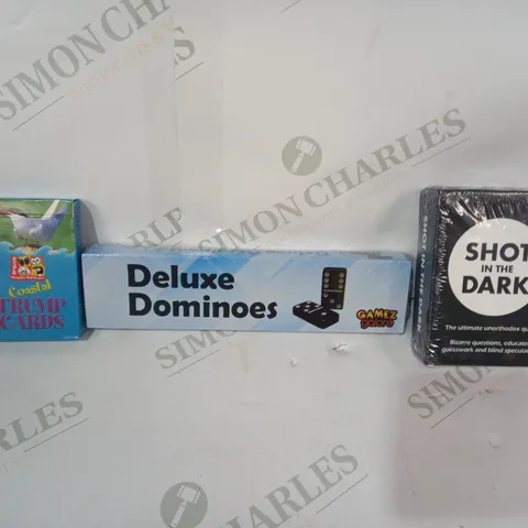 LOT OF APPROXIMATELY 10 ASSORTED TOYS AND GAMES TO INCLUDE SHOT IN THE DARK GAME, DELUXE DOMINOES, COASTAL TRUMP CARDS, ETC