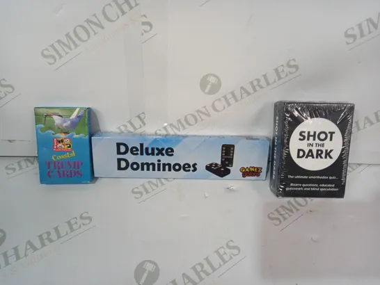 LOT OF APPROXIMATELY 10 ASSORTED TOYS AND GAMES TO INCLUDE SHOT IN THE DARK GAME, DELUXE DOMINOES, COASTAL TRUMP CARDS, ETC