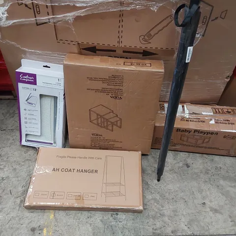 PALLET OF ASSORTED ITEMS INCLUDING: COFFEE TABLE, BABY PLAYPEN, COAT HANGER, PROFESSIONAL GUILLOTINE, UMBRELLA 