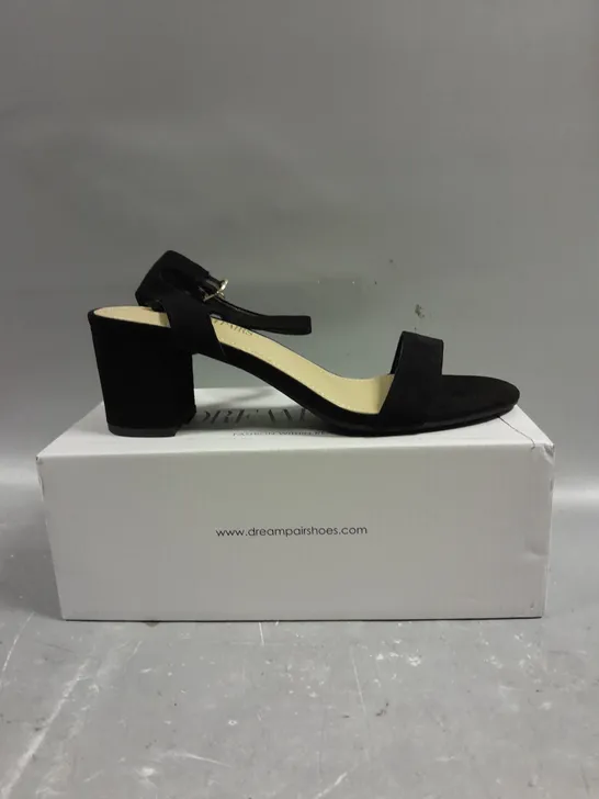 BOXED PAIR OF DREAM PARIS CARNIVAL BLACK SUEDE OPEN TOE SHOES - 9.5