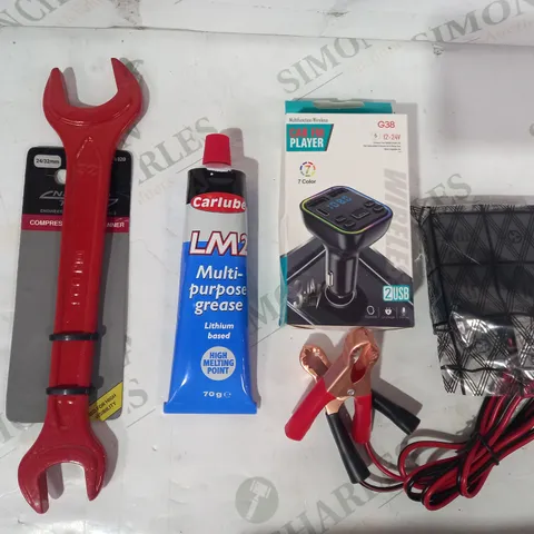 BOX OF APPROXIMATELY 10 ASSORTED CAR AND VEHICLE PARTS AND ACCESSORIES TO INCLUDE NERRAD TOOLS COMPRESSION NUT SPANNER, CARLUBE LM2 MULTI-PURPOSE GREASE, CAR FM PLAYER, ETC