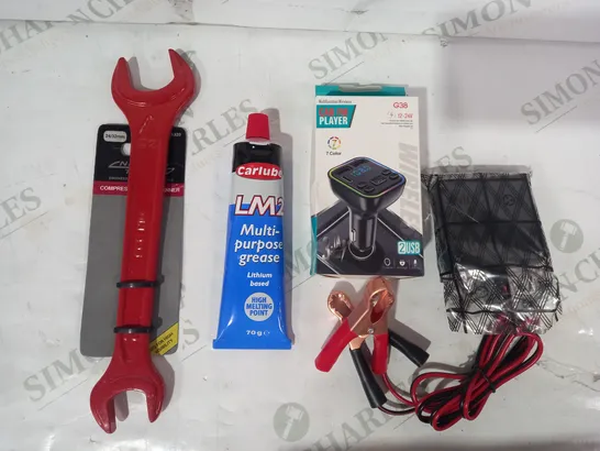 BOX OF APPROXIMATELY 10 ASSORTED CAR AND VEHICLE PARTS AND ACCESSORIES TO INCLUDE NERRAD TOOLS COMPRESSION NUT SPANNER, CARLUBE LM2 MULTI-PURPOSE GREASE, CAR FM PLAYER, ETC