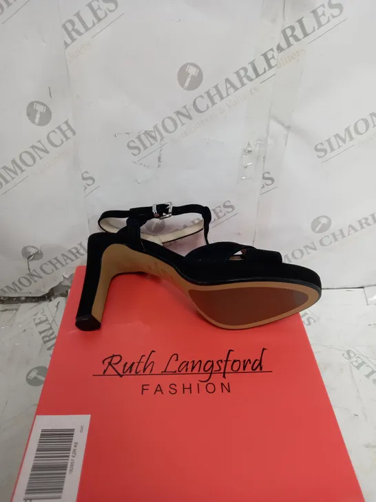 BOXED PAIR OF RUTH LANGSFORD HEELED SANDALS BLACK SUEDE SIZE 6