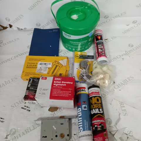 LARGE BOX OF APPROXIMATELY 25 ASSORTED HOUSEHOLD GOODS TO INCLUDE 2 CLAW BEARING, RIM CYLIDER, DIARY, AND SILIRUB ETC. 