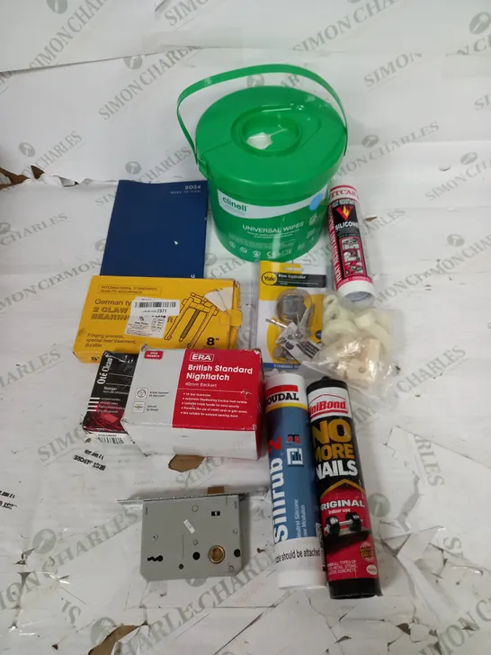 LARGE BOX OF APPROXIMATELY 25 ASSORTED HOUSEHOLD GOODS TO INCLUDE 2 CLAW BEARING, RIM CYLIDER, DIARY, AND SILIRUB ETC. 