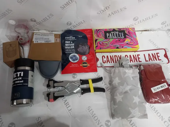 APPROXIMATELY 10 ASSORTED HOUSEHOLD ITEMS TO INCLUDE YETI RAMBLER, RAT & MOUSE KILLER, AND CANDY CANE LANE SIGN ETC. 